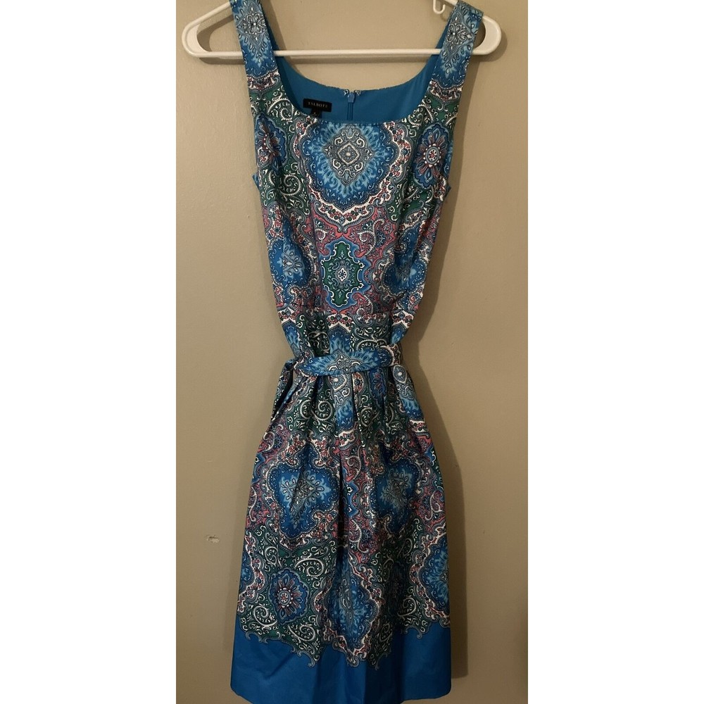 Talbots Turquoise Floral Size 6 Women Dress 98%Cotton Lined Belted Stylish